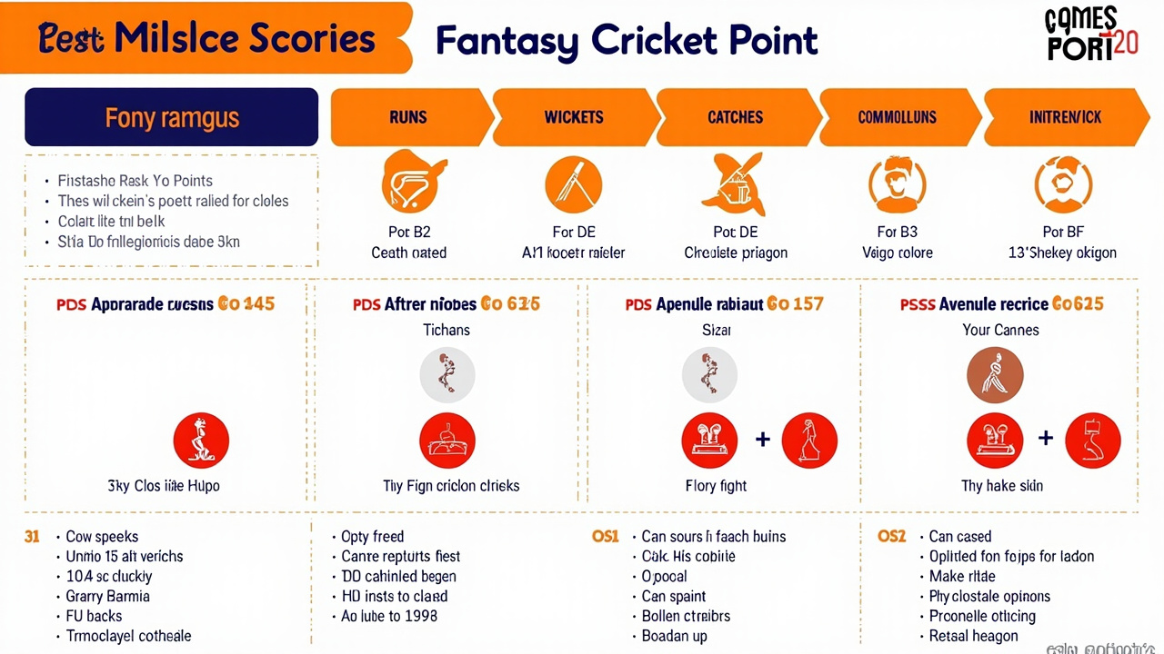 Fantasy cricket points scoring rubric visual for T20 format with runs, wickets, catches, and strike-rate bonus callouts