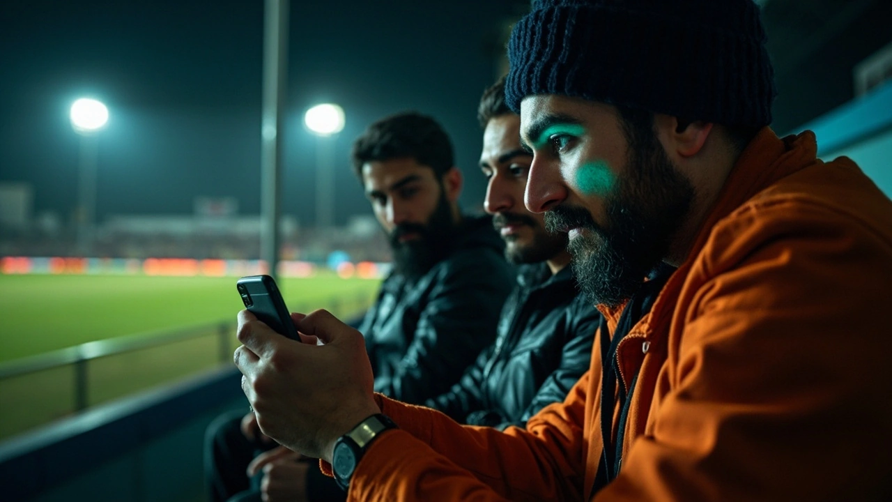 Editorial sports photograph of fantasy cricket players studying contest-size options on a smartphone inside a modern T20 stadium concourse