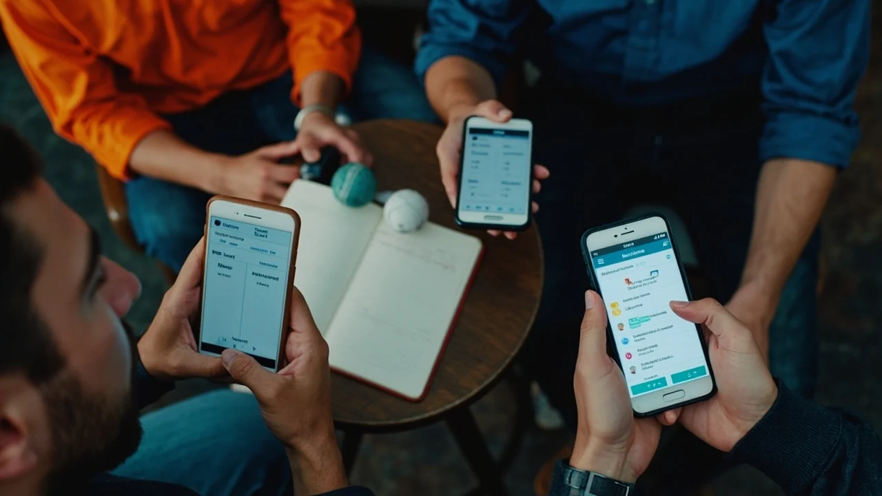 Editorial scene of three T20 fantasy players comparing small-league and head-to-head contest options on their phones beside a cricket tactics notebook