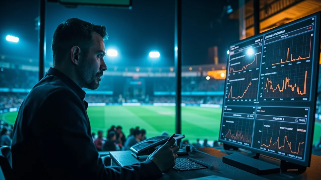 Editorial scene of a T20 fantasy analyst comparing payout distributions across small, head-to-head, and mega contest formats in a stadium media room