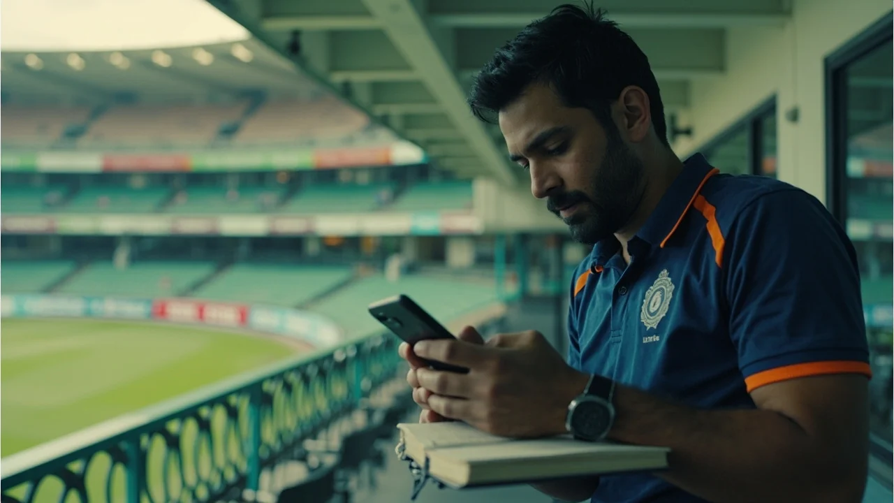 Editorial scene of a T20 fantasy fan dividing a weekly fantasy bankroll between small leagues, head-to-head, and mega contests on a smartphone