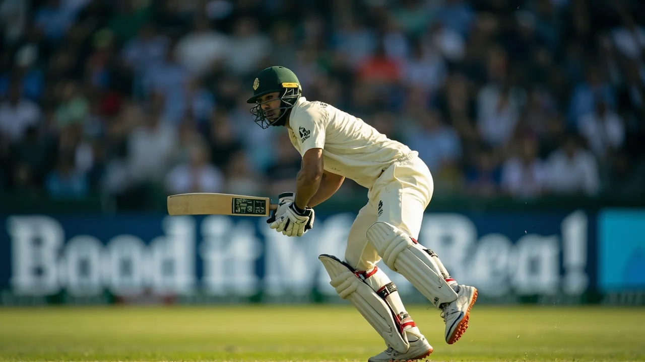Sideline action frame of a Hundred batsman playing a horizontal-bat shot under stadium lights, capturing the 100-ball tempo of the format